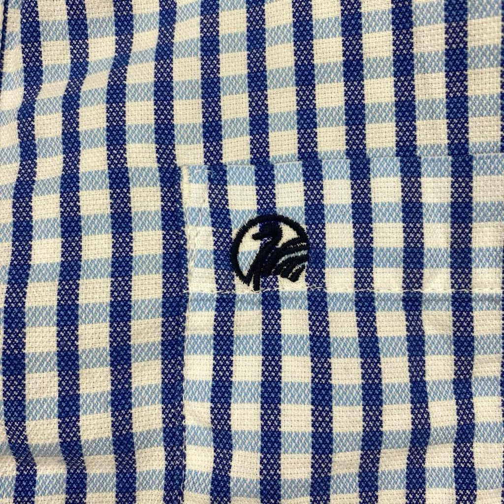 Sick Swanndri embroidered blue and white half button up shirt, tagged S, fits S/M mens best