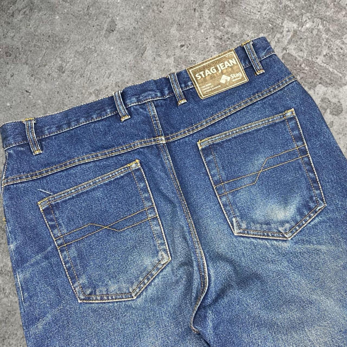 Sick wide leg tapered washed Stag workwear 14oz denim jeans, measures 35W x 40” outseam length