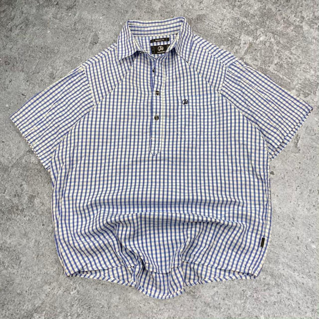 Sick Swanndri embroidered blue and white half button up shirt, tagged S, fits S/M mens best