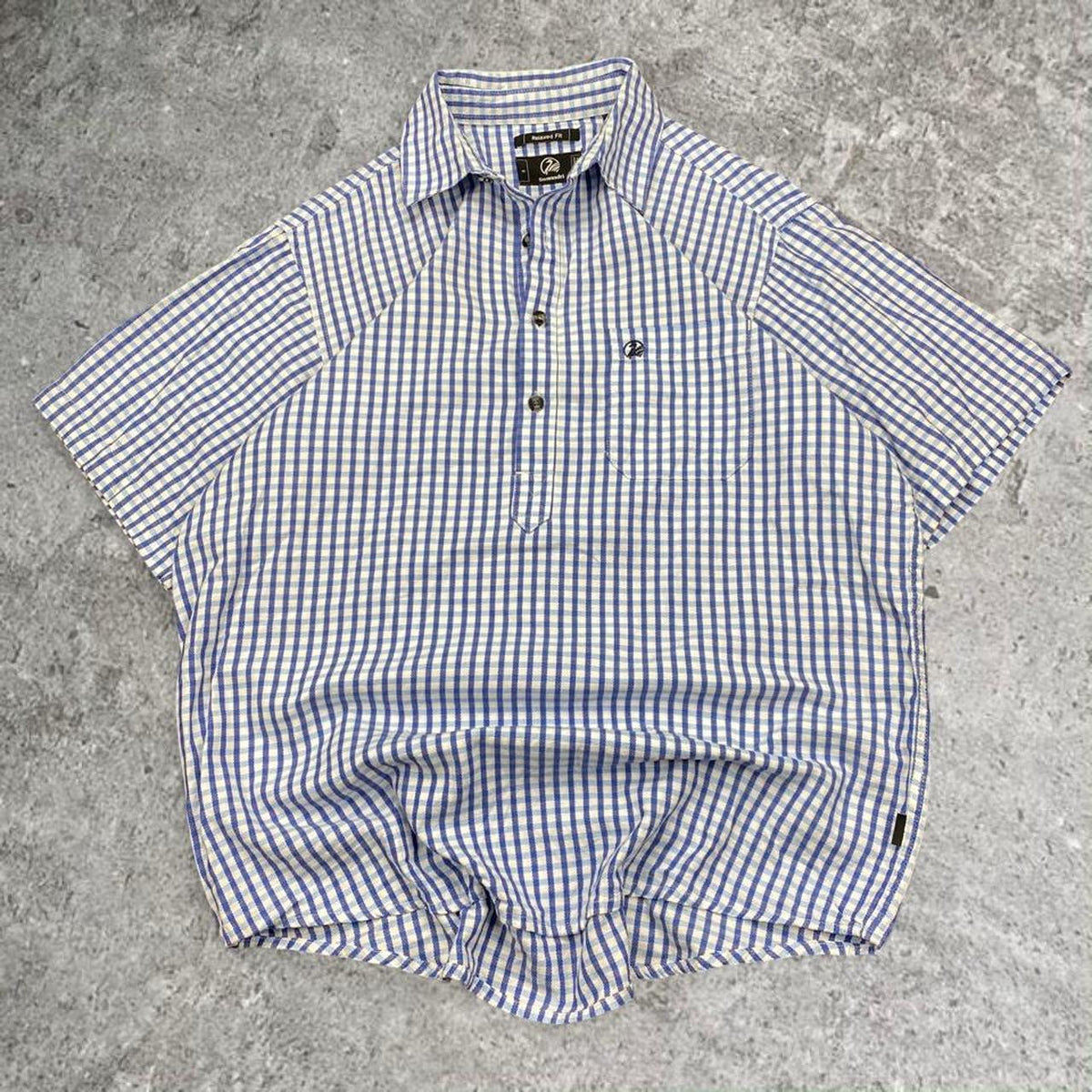 Sick Swanndri embroidered blue and white half button up shirt, tagged S, fits S/M mens best