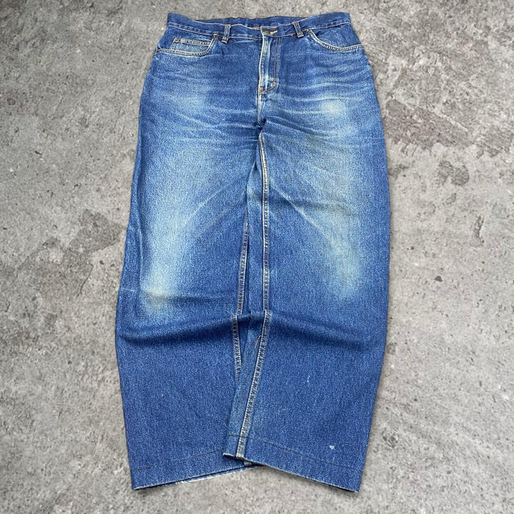Sick wide leg tapered washed Stag workwear 14oz denim jeans, measures 35W x 40” outseam length