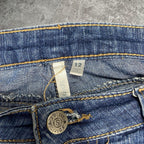 Cute 2000s bootcut low rise embroidered washed jeans, measures 34W x 35.5” outseam length