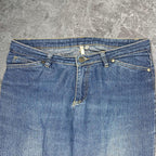 Cute 2000s bootcut low rise embroidered washed jeans, measures 34W x 35.5” outseam length