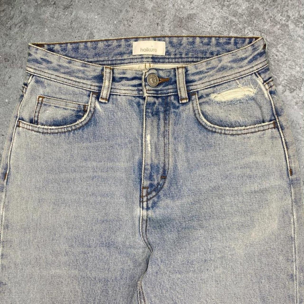 Sick haikure designer flare distressed made in Italy jeans, measures 27W x 27.5L