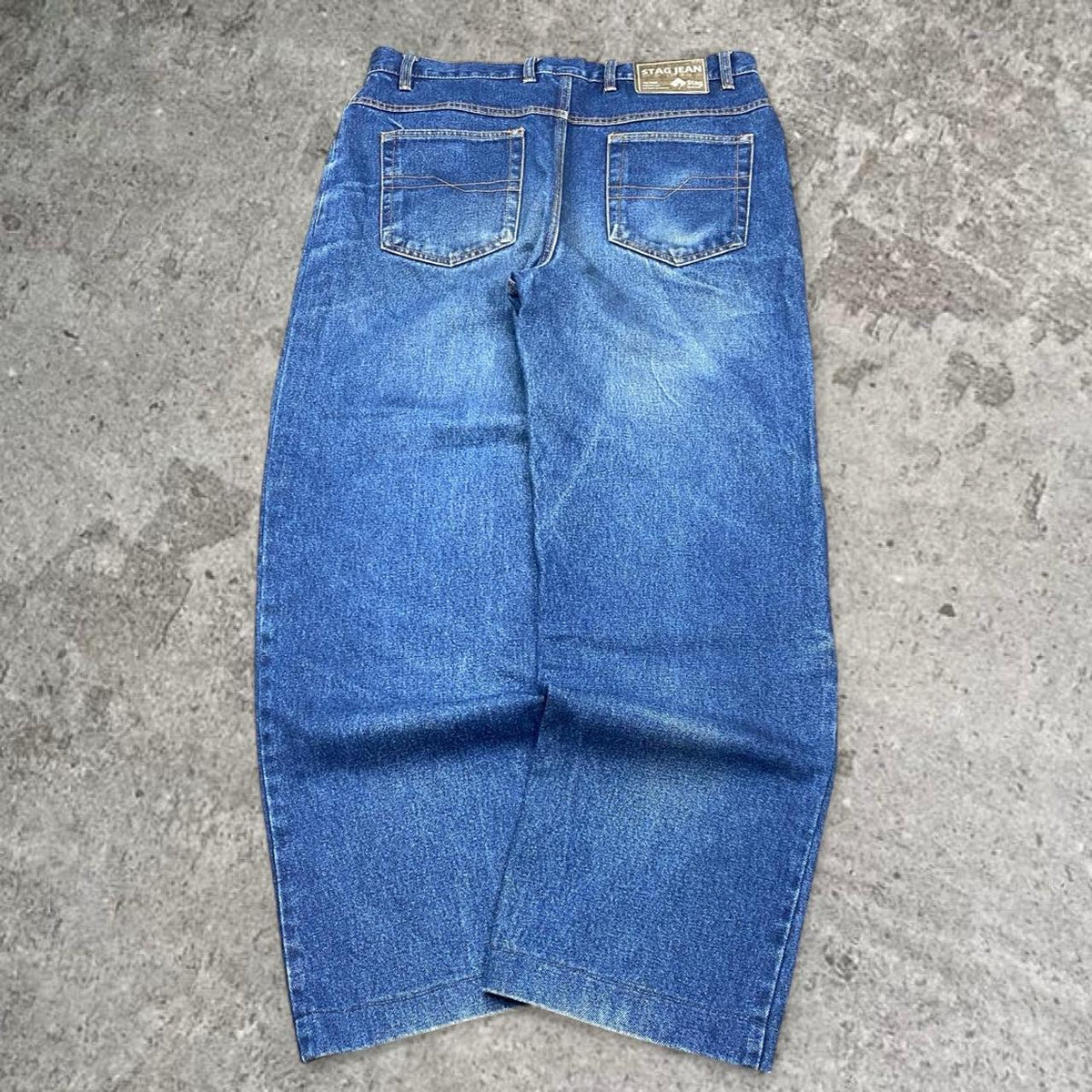 Sick wide leg tapered washed Stag workwear 14oz denim jeans, measures 35W x 40” outseam length