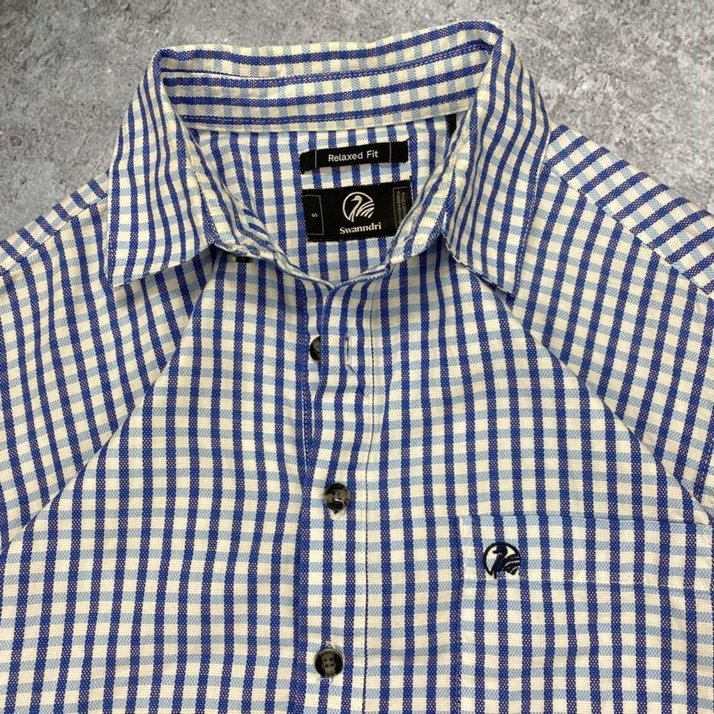 Sick Swanndri embroidered blue and white half button up shirt, tagged S, fits S/M mens best
