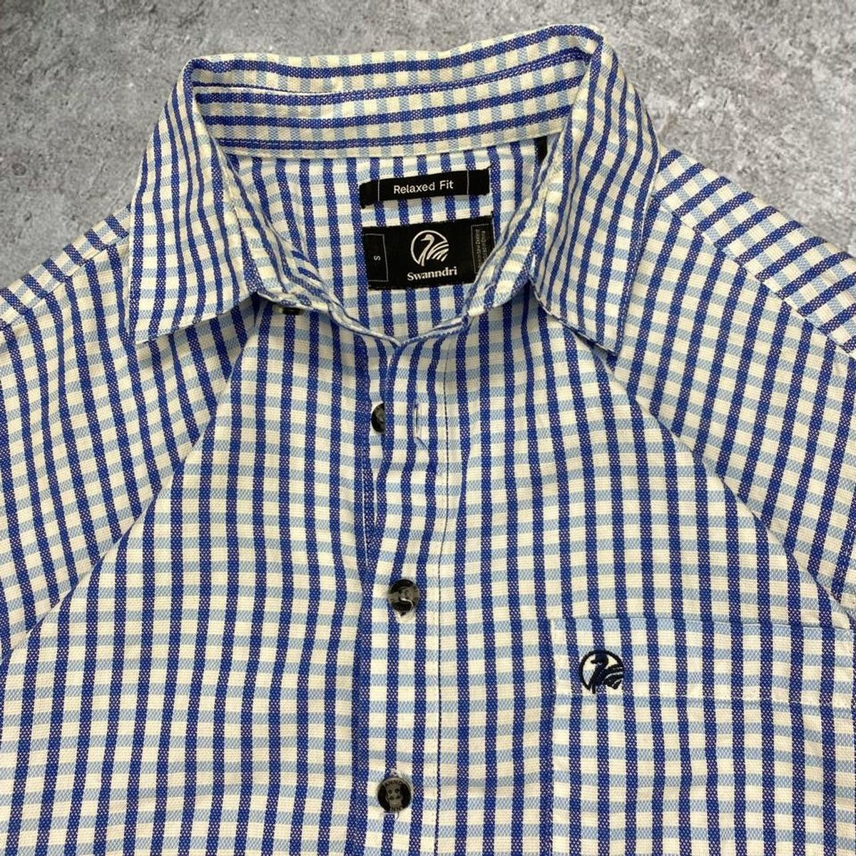 Sick Swanndri embroidered blue and white half button up shirt, tagged S, fits S/M mens best