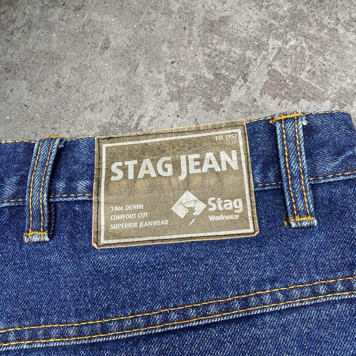 Sick wide leg tapered washed Stag workwear 14oz denim jeans, measures 35W x 40” outseam length