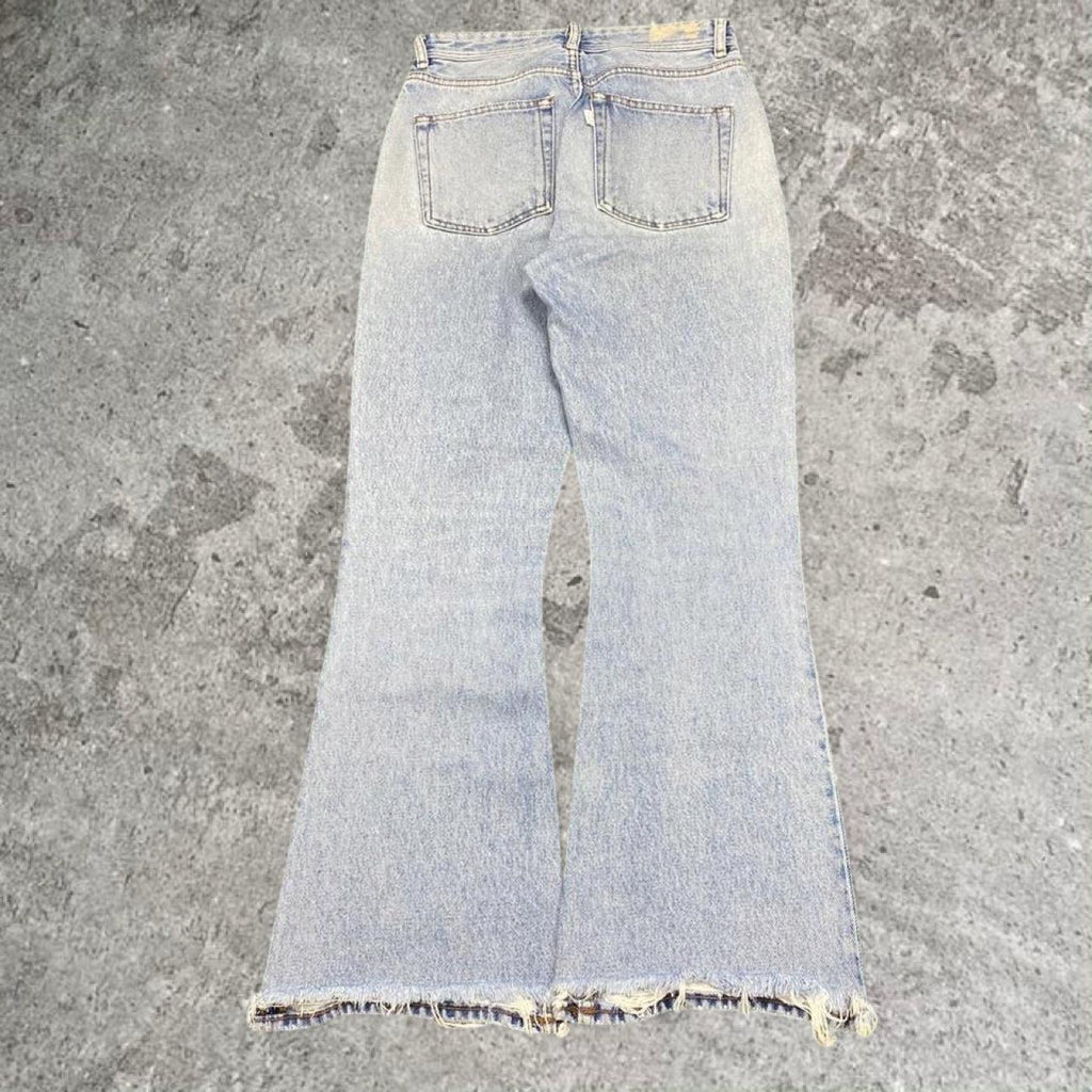 Sick haikure designer flare distressed made in Italy jeans, measures 27W x 27.5L