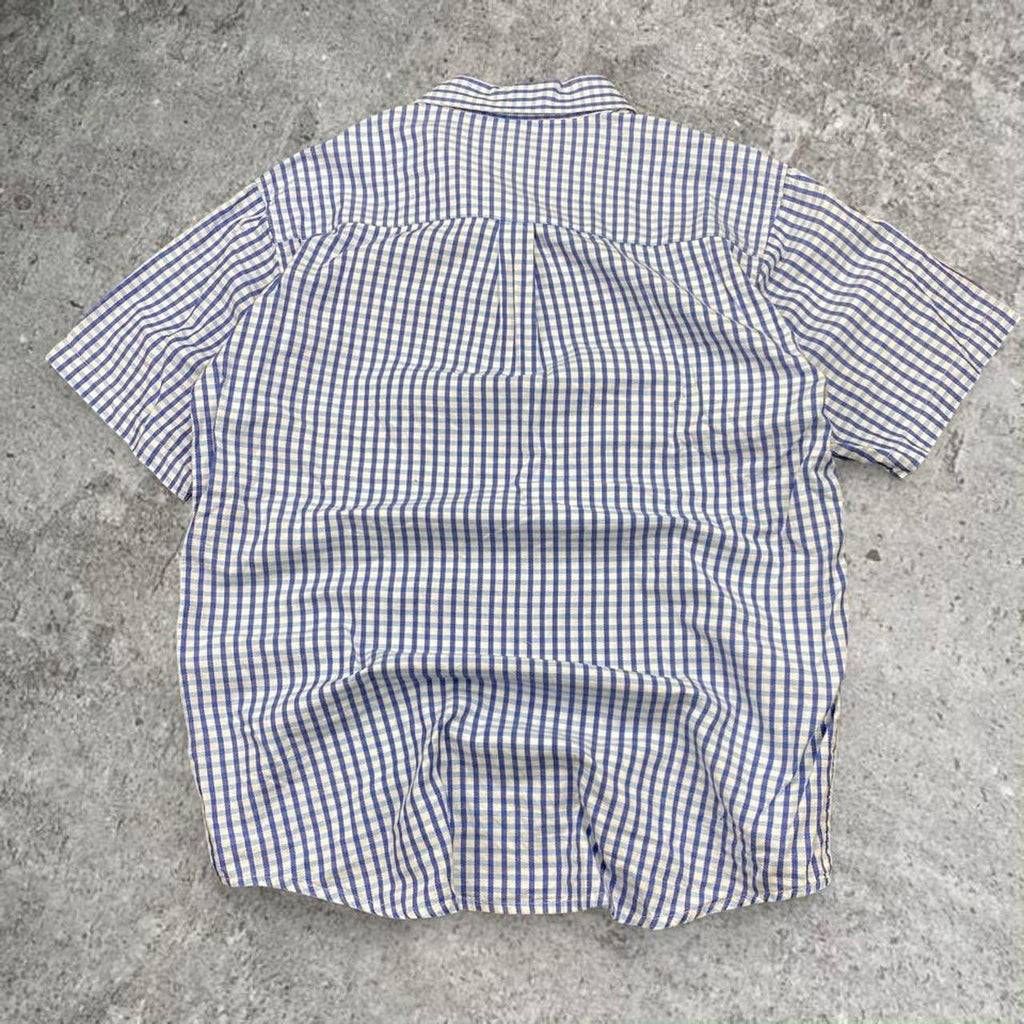 Sick Swanndri embroidered blue and white half button up shirt, tagged S, fits S/M mens best